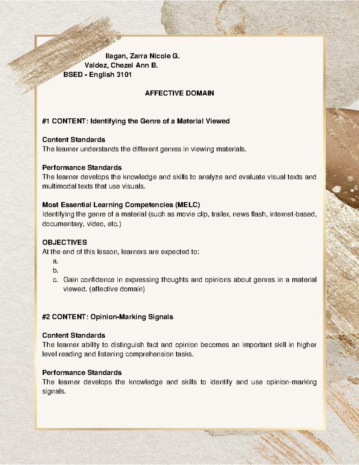 Affective domain - notes - Ilagan, Zarra Nicole G. Valdez, Chezel Ann B ...