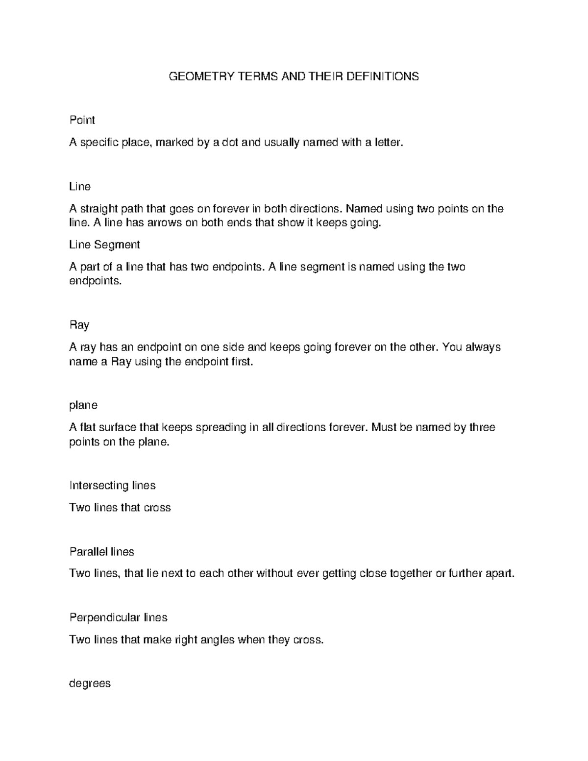 Geometry Terms AND Their Definitions - GEOMETRY TERMS AND THEIR ...
