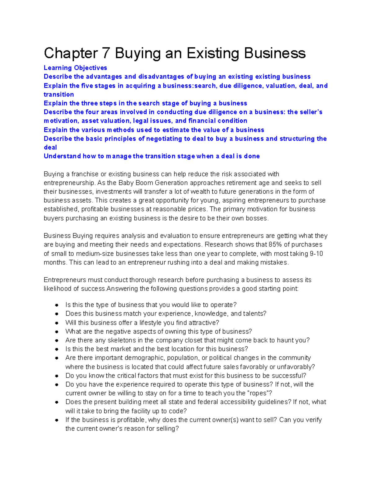 Mana 3325 Reading Chapter 7 Buying an Exisiting Business - Chapter 7 ...