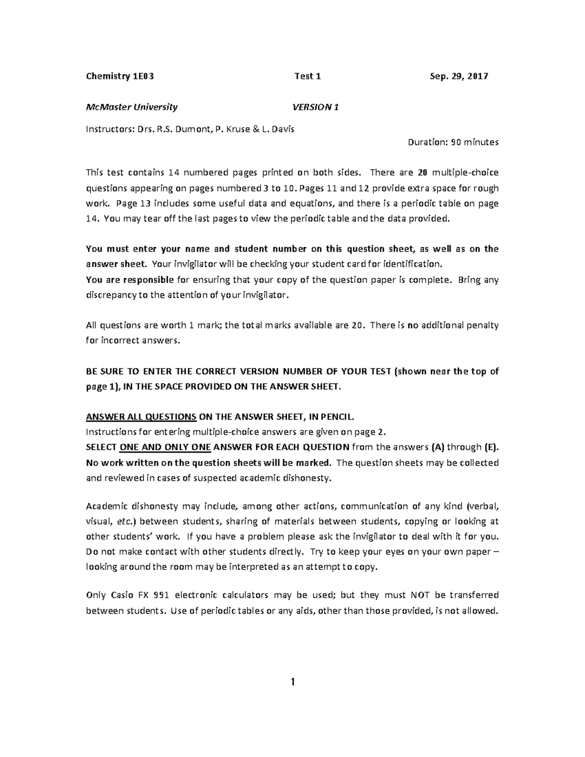 Test 1 2017 chem1a03 - Chemistry 1E03 Test 1 Sep. 29, 2017 McMaster ...