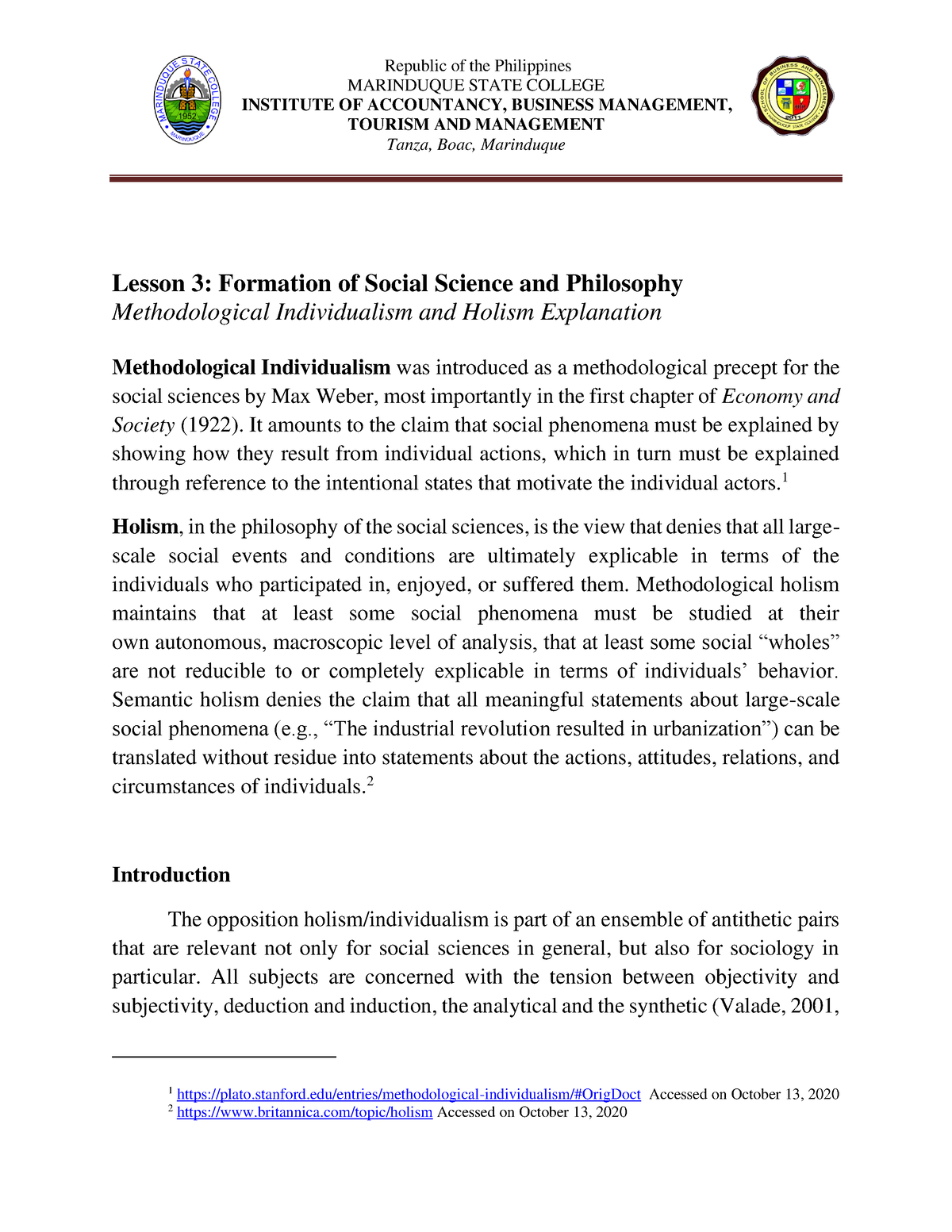 Methodological Individualism and Holism Explanation - MARINDUQUE STATE ...