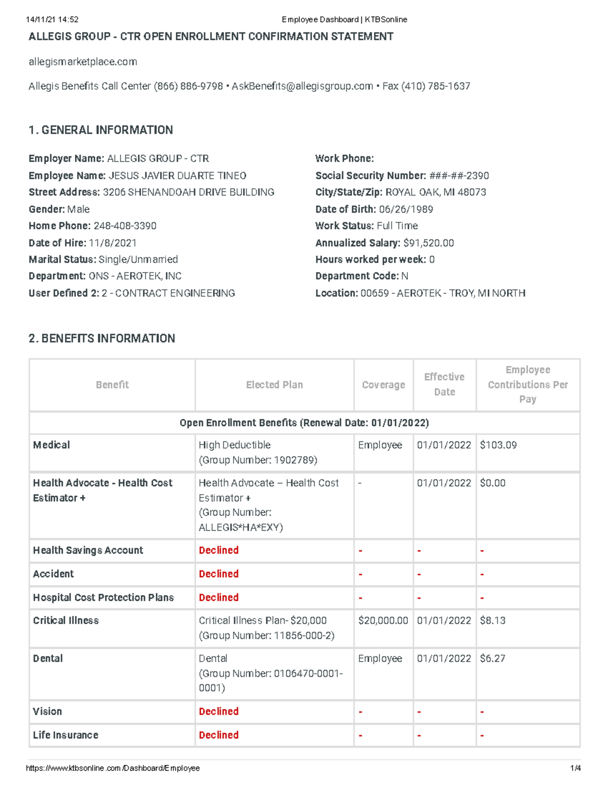 Employee Dashboard OPEN Enrrolment ALLEGIS GROUP CTR