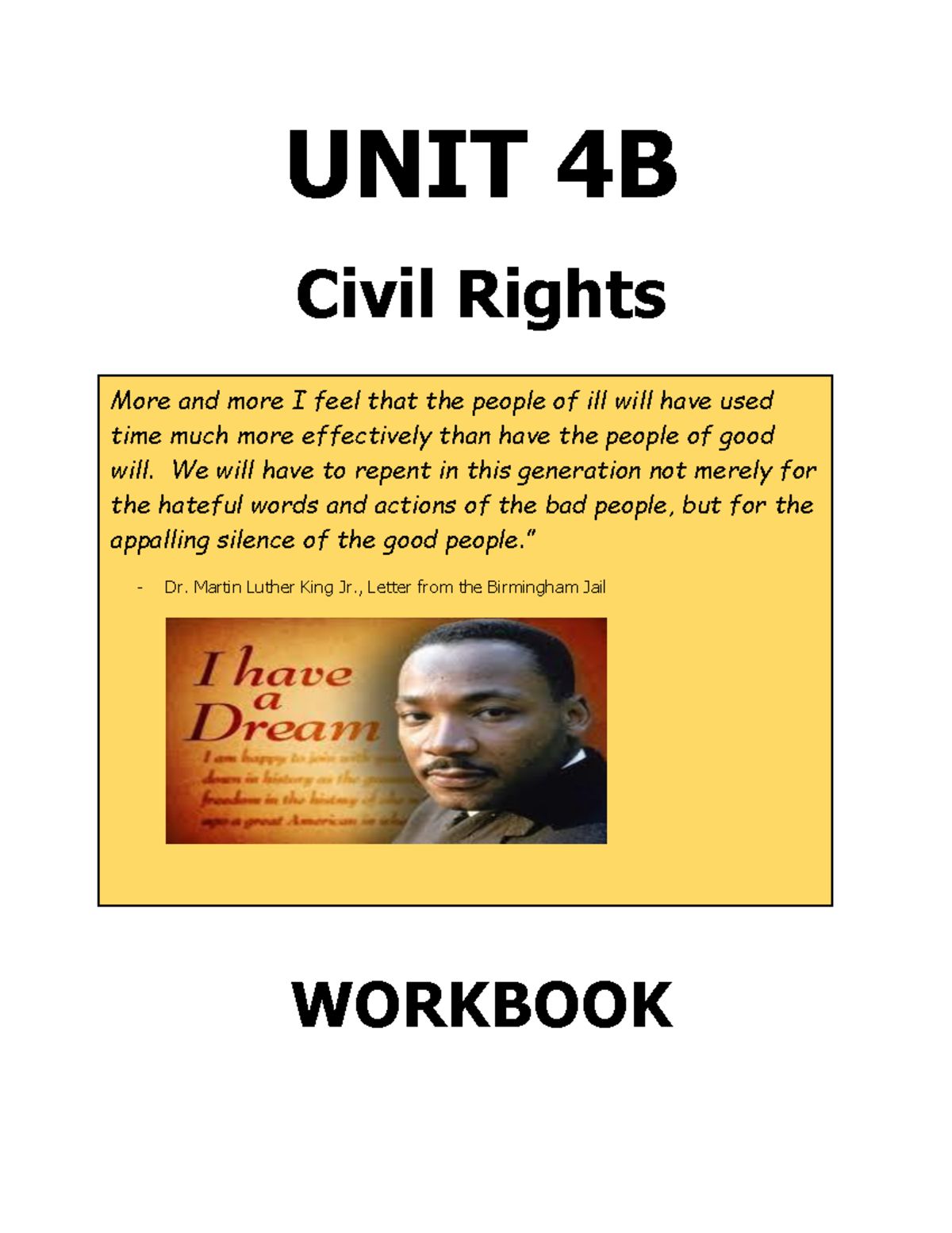 Civil Rights Intro - UNIT 4 B Civil Rights WORKBOOK More And More I ...