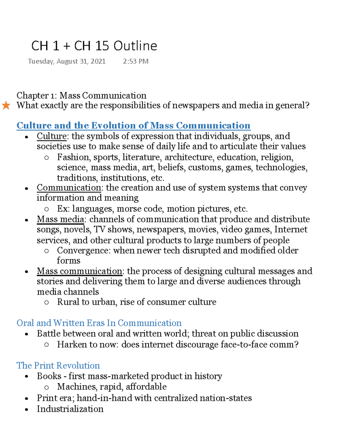 CH 1 + CH 15 Outline - Chapter 1: Mass Communication What exactly are ...