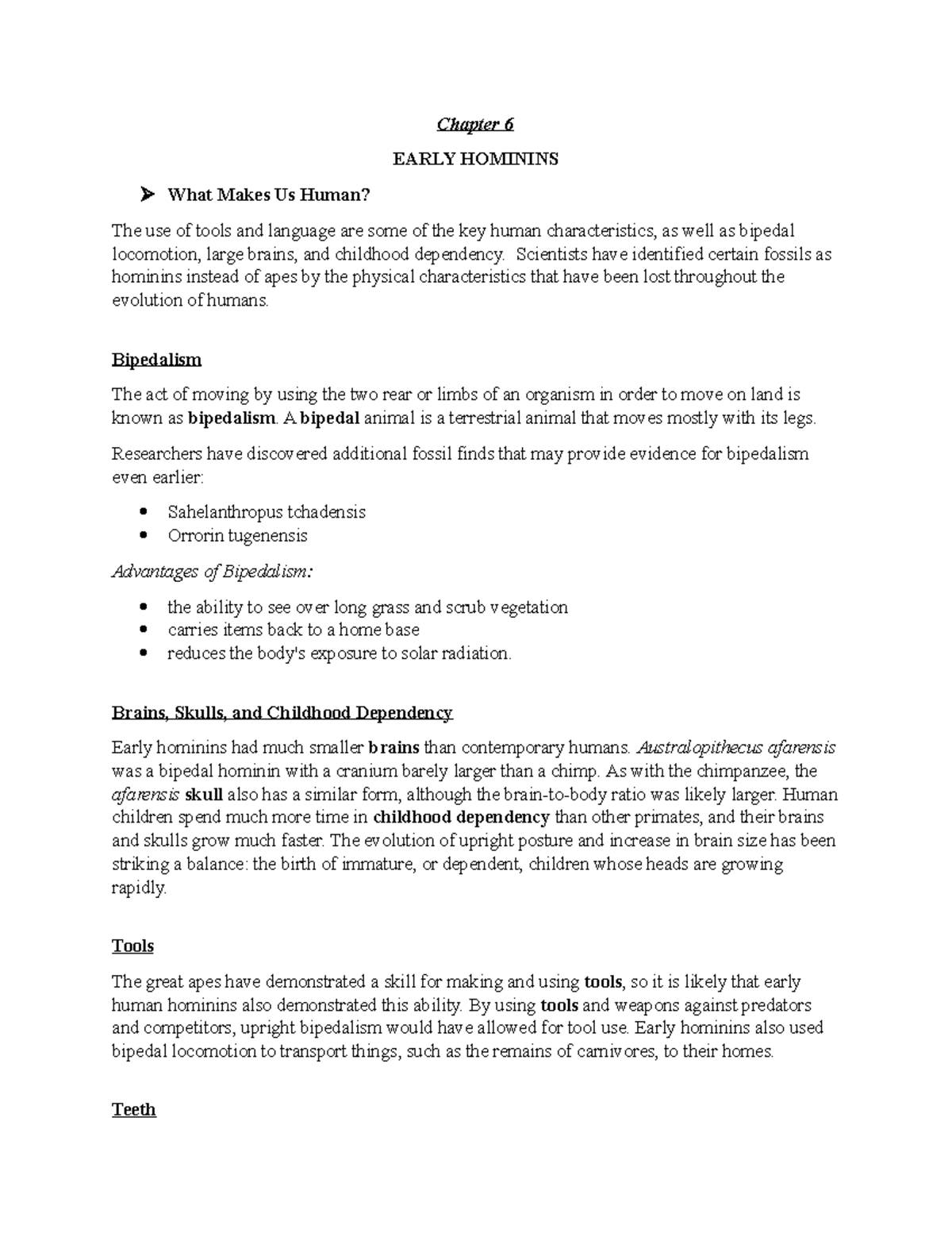 Chapter 6 Reading notes ( Early Hominins) - Chapter 6 EARLY HOMININS ...