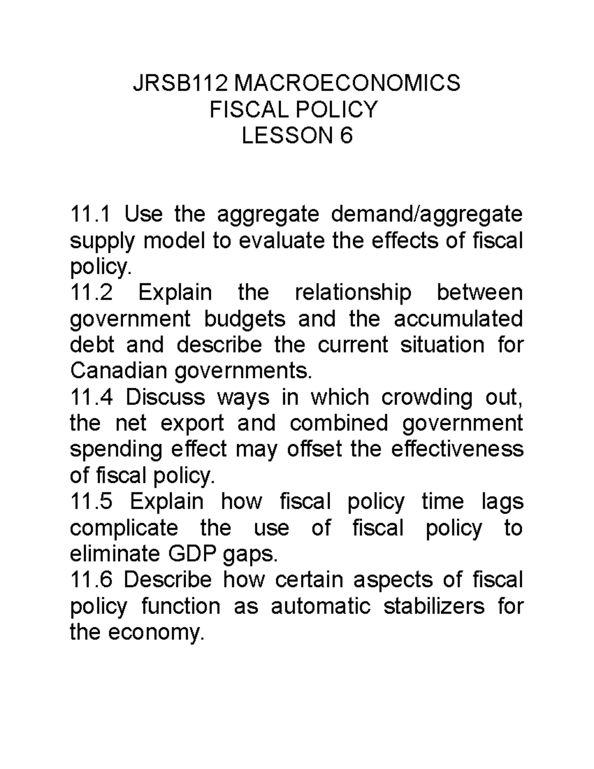 Chapter 11 - Brenda Abbott's lecture notes - JRSB112 MACROECONOMICS ...