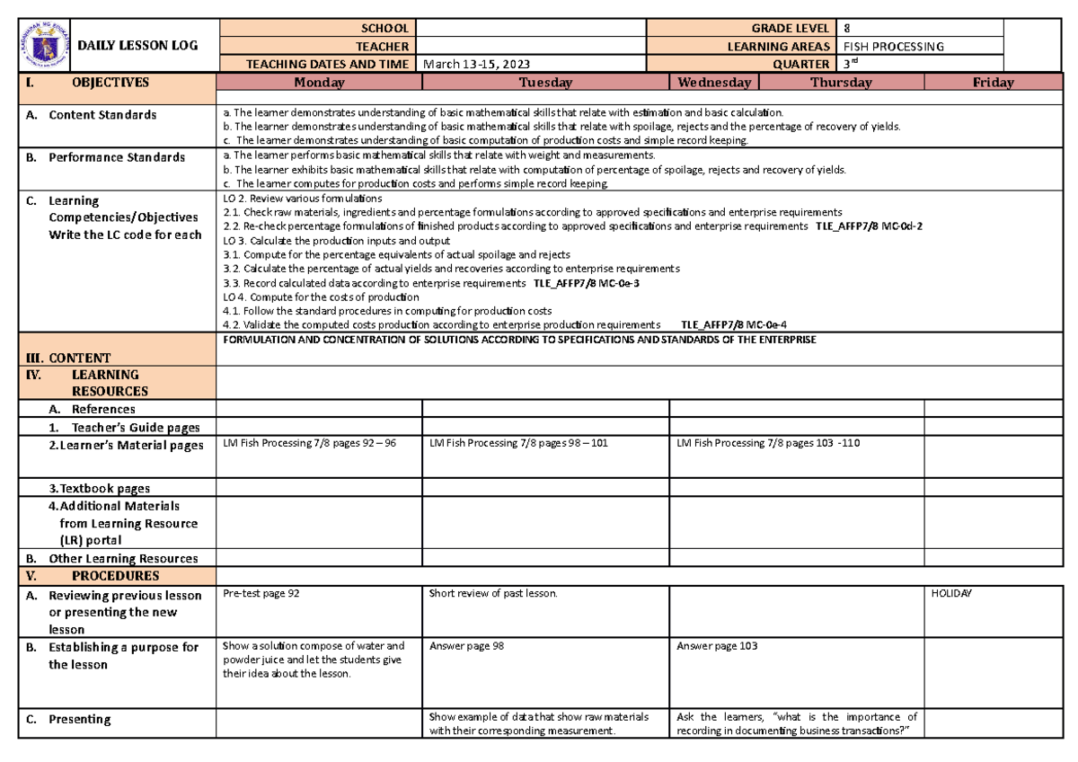 Dll week 5 LESSON DAILY LESSON LOG SCHOOL GRADE LEVEL 8 TEACHER