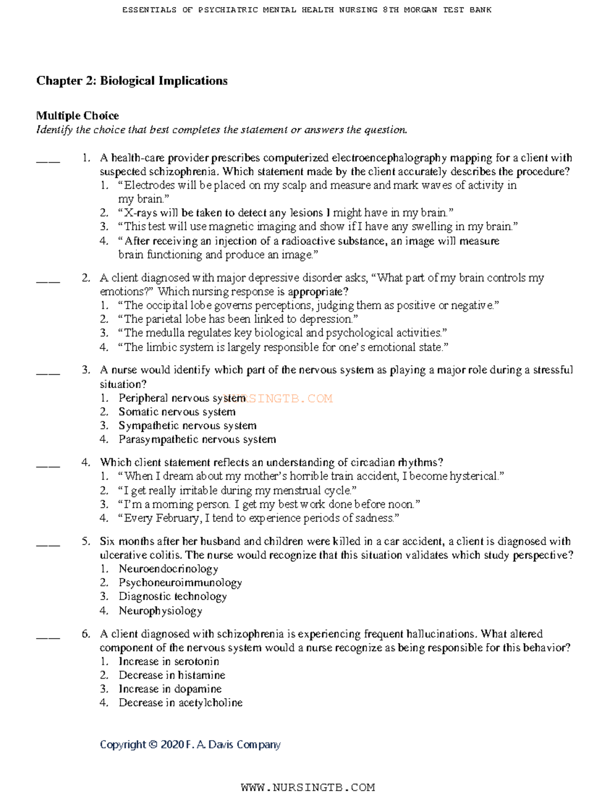 Ch02 - Testbank - NURSINGTB. COM Copyright © 2020 F. A. Davis Company ...