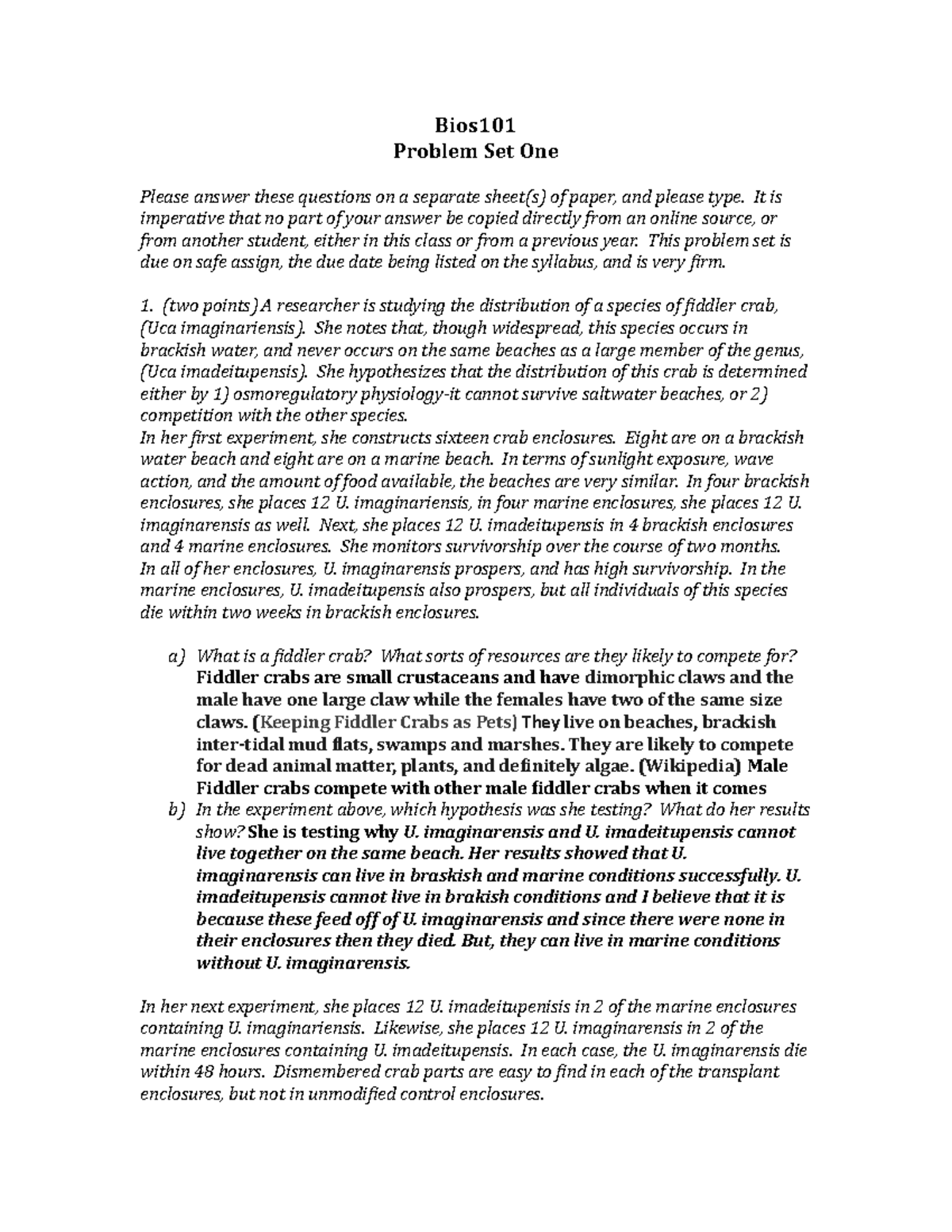 PS 1 - Problem Set 1 - Bios101 Problem Set One Please answer these ...