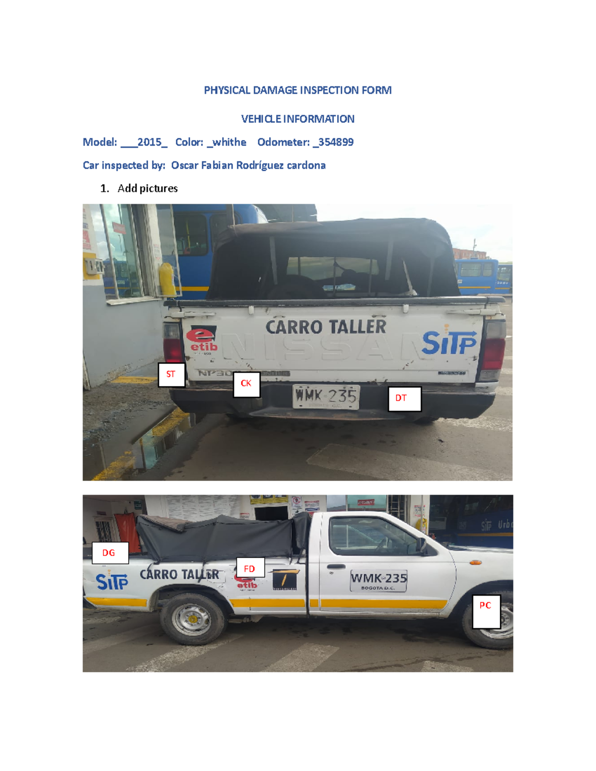 Inspeccion del vehiculo Physical Damage Inspection FORM ingles ...