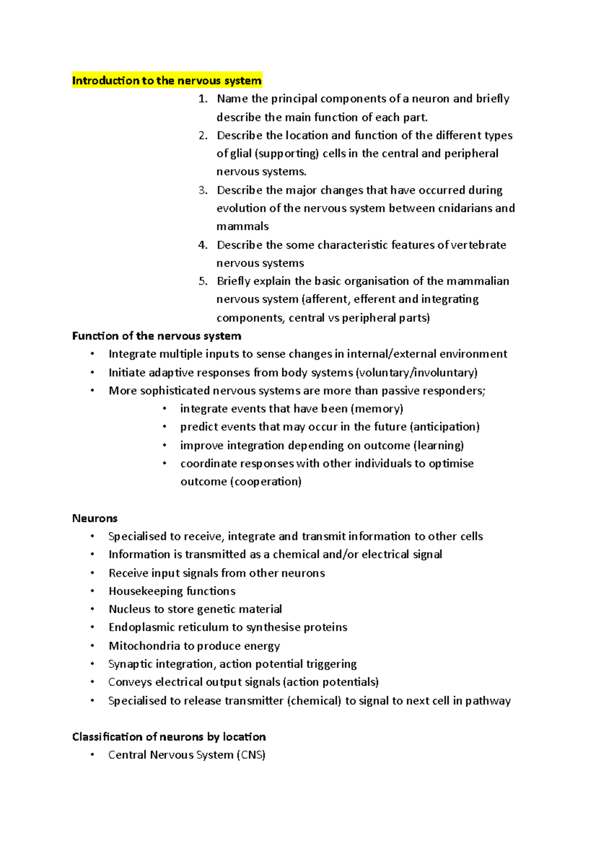 Introduction to the nervous system - Name the principal components of a ...