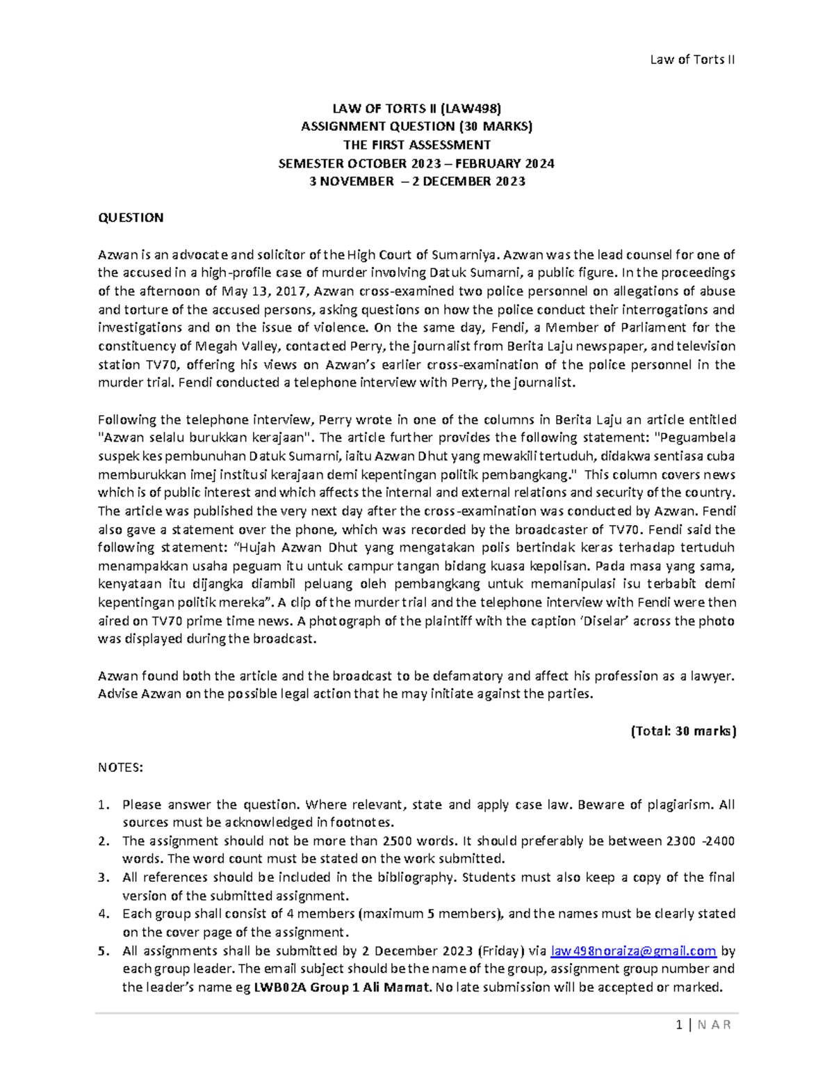 Assignment LAW498 2023 - Law of Torts II 1 | N A R LAW OF TORTS II (LAW ...