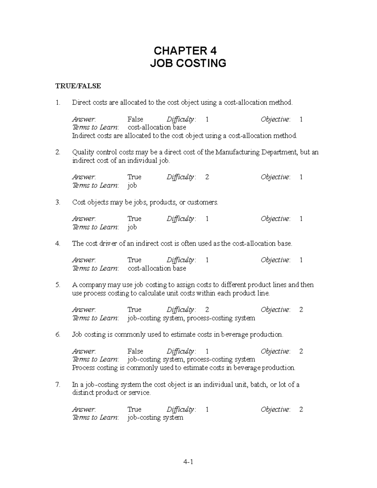 Ch04 Cost Terminologies CHAPTER 4 JOB COSTING TRUE FALSE Direct 