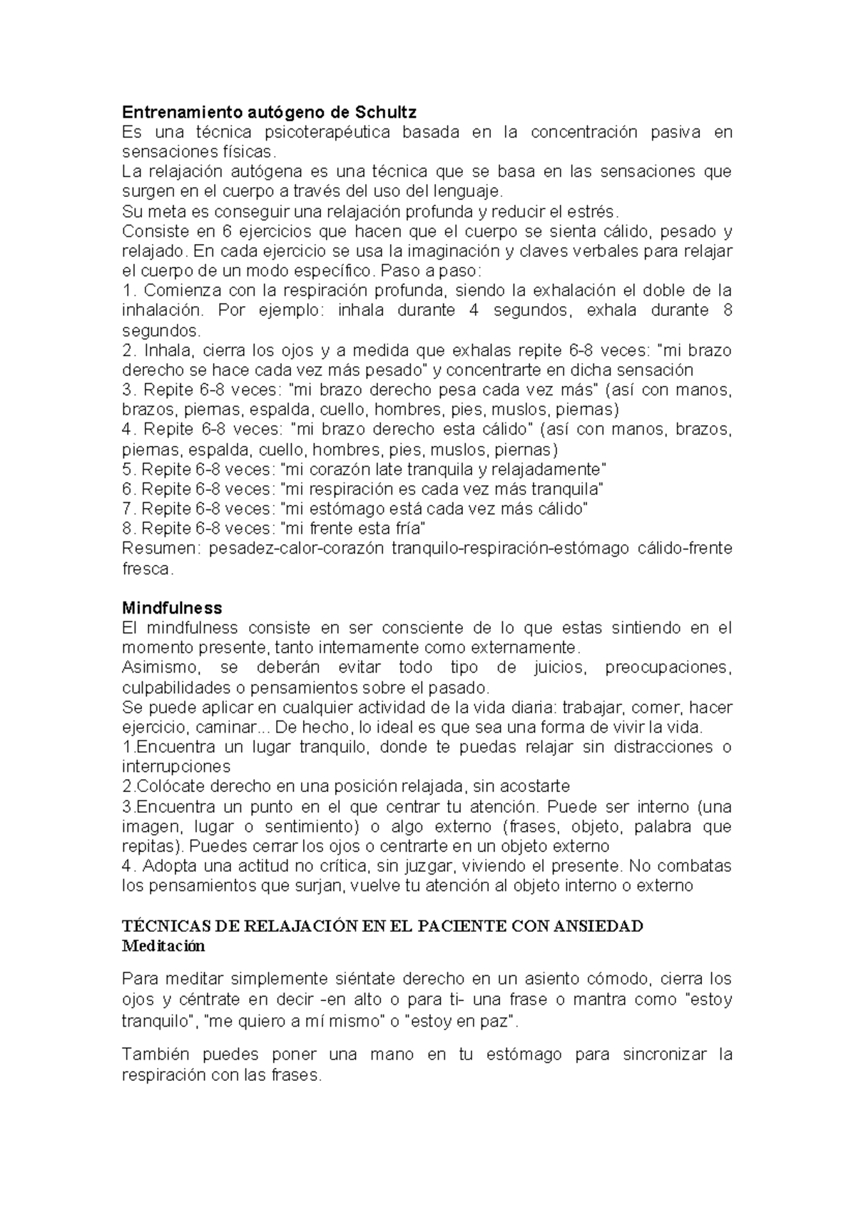 Tecnicas de relajación - Entrenamiento autógeno de Schultz Es una ...