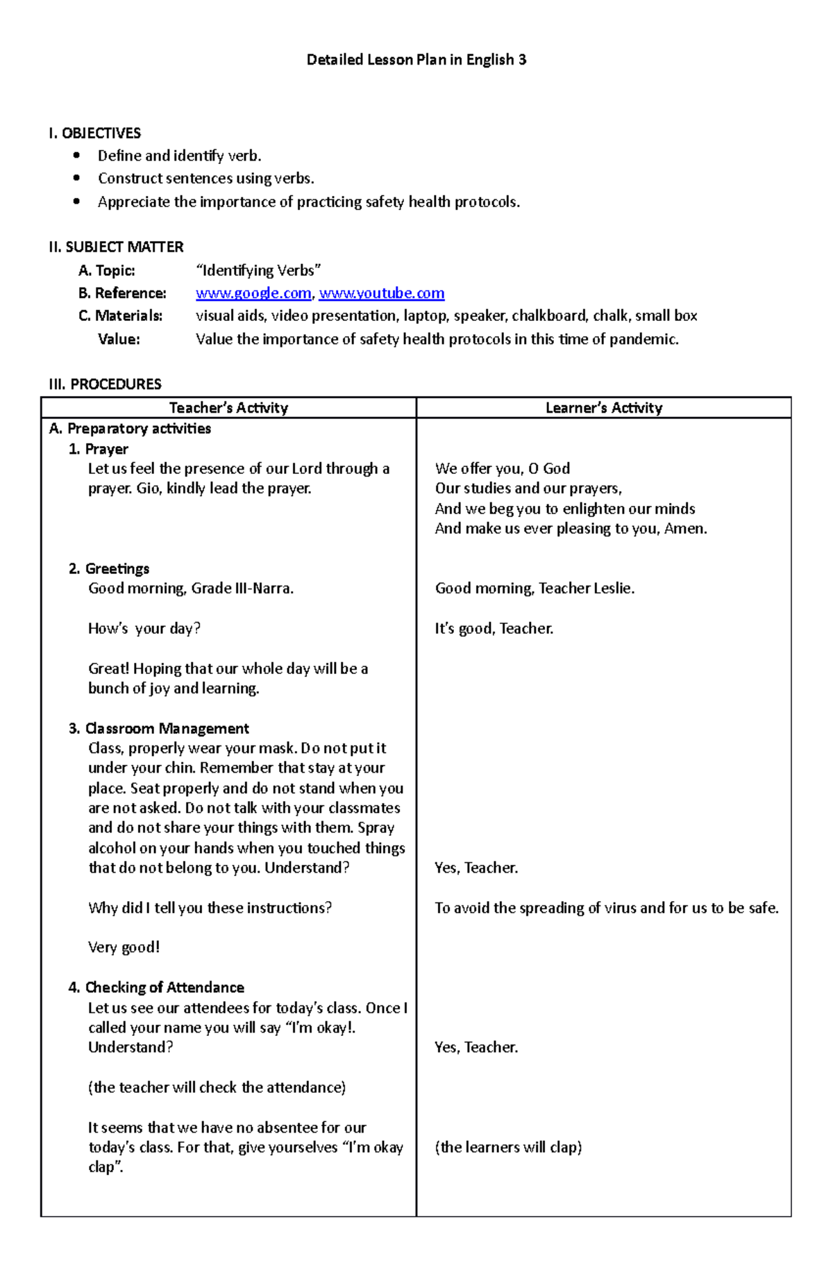 English lesson plan for grade 3 about verbs related to Covid-19 in year ...