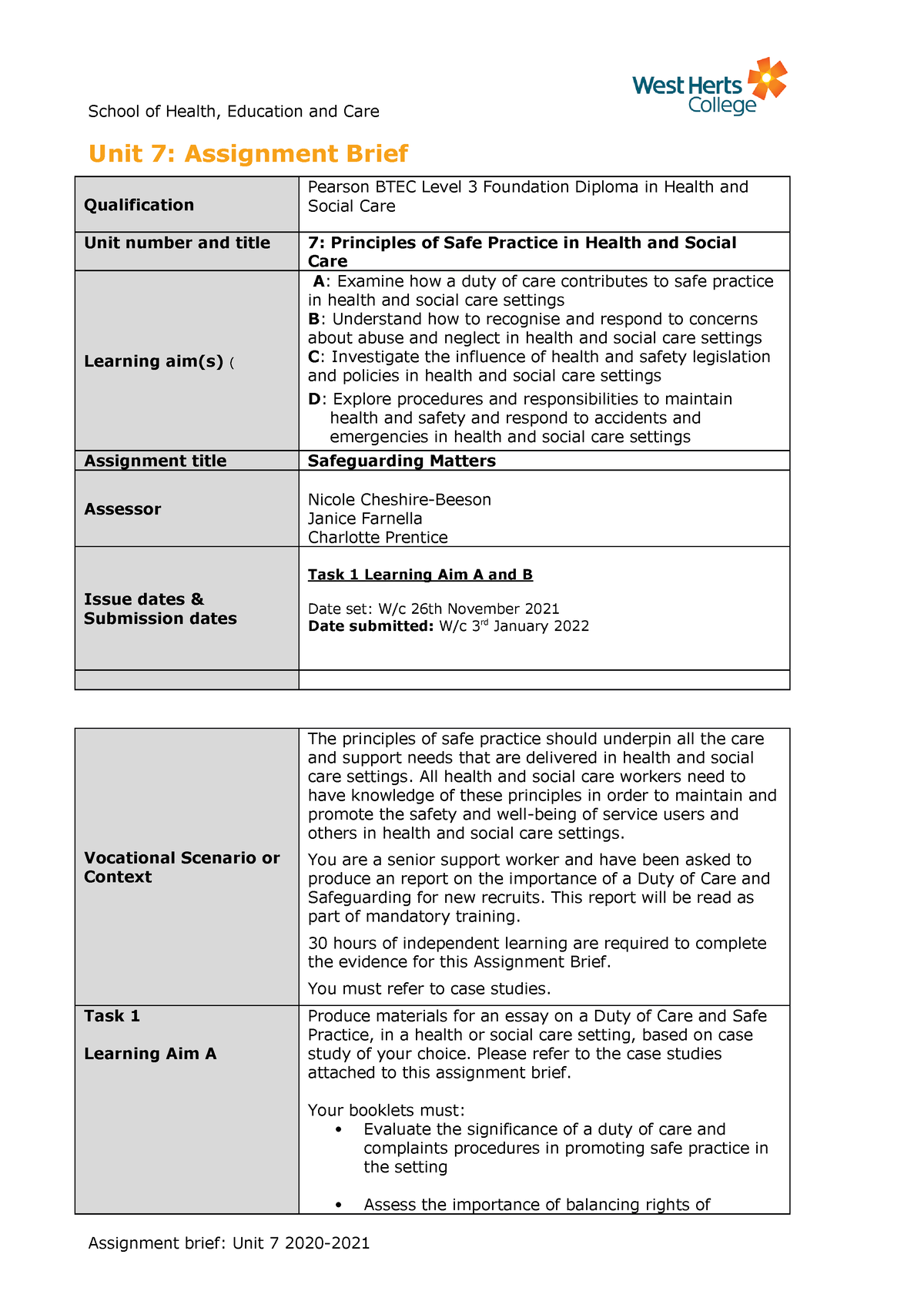 health and social care unit 7 assignment 2