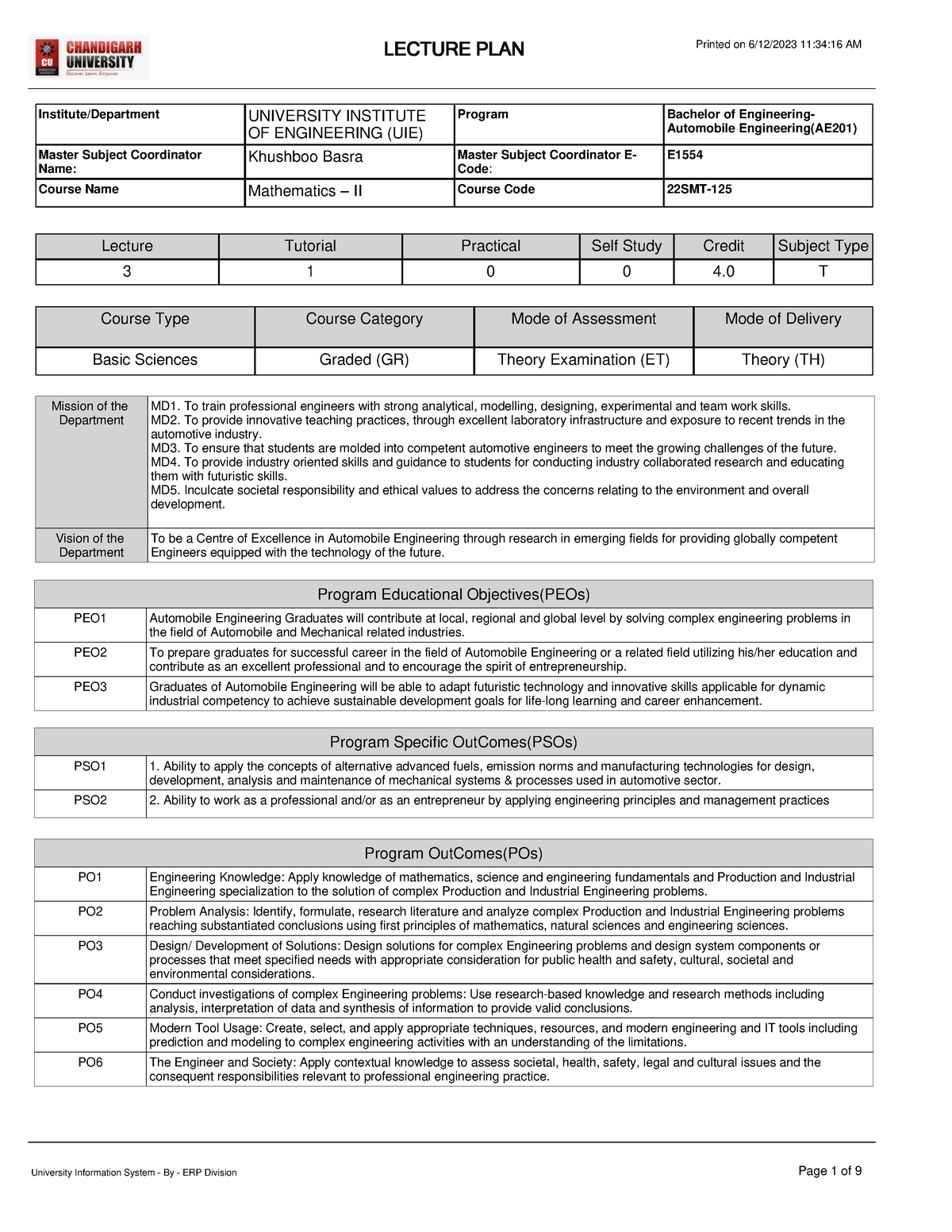 Lecture Plan AE201 22SMT-125 - Program Educational Objectives(PEOs ...