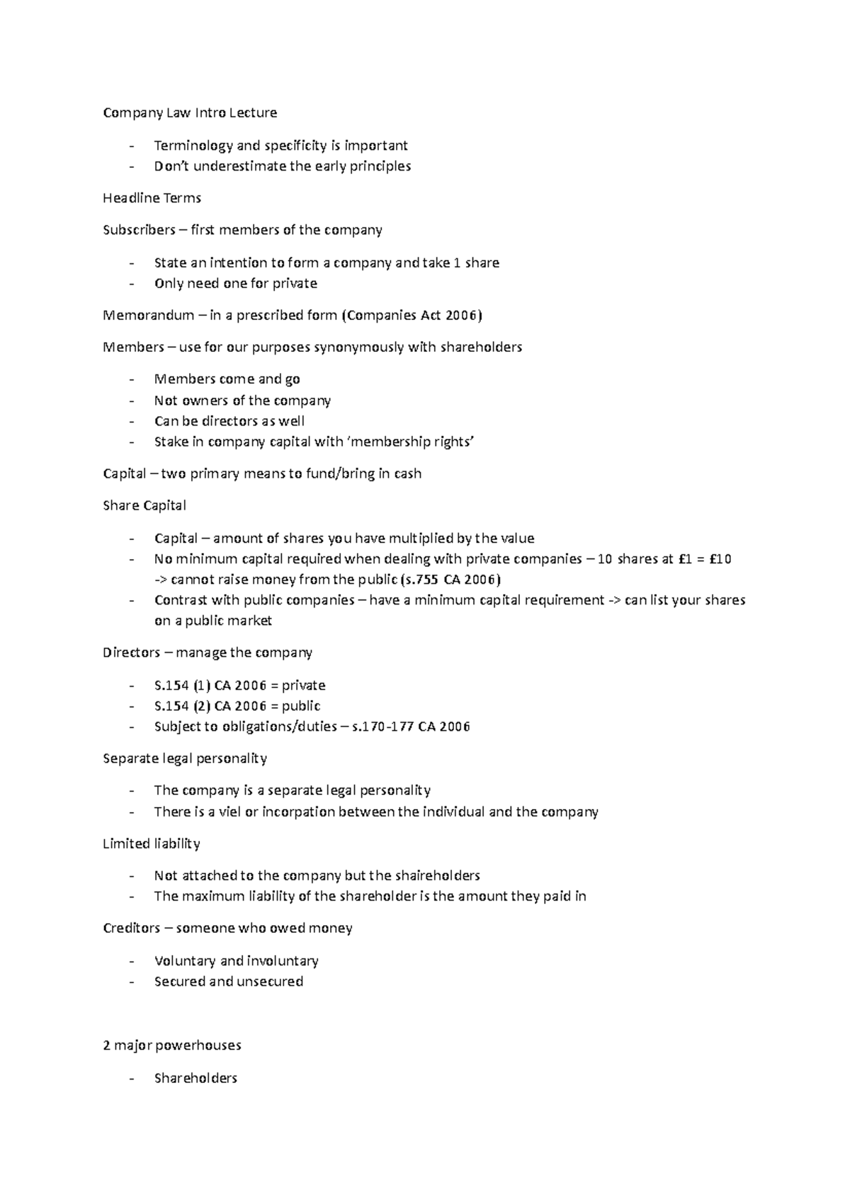 Company Law Intro Lecture - Studocu