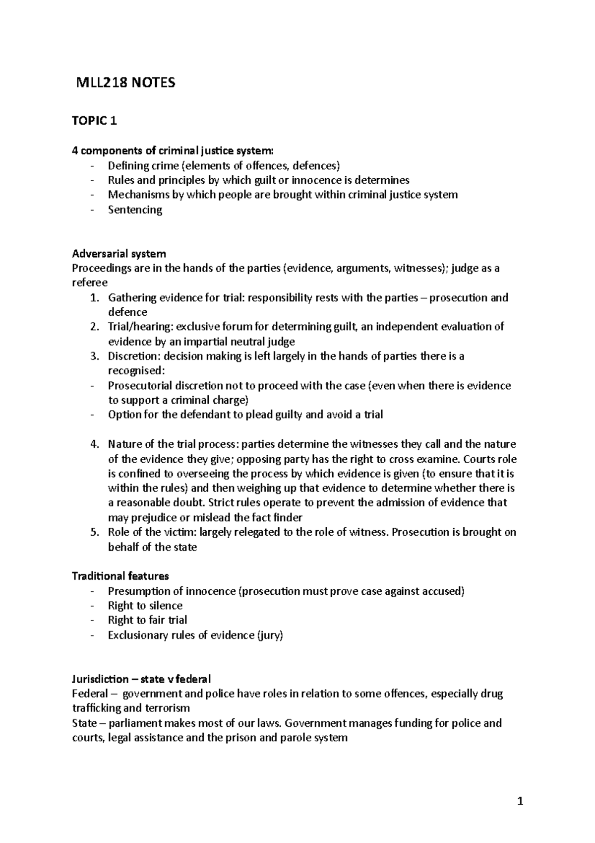 MLL218 Notes - MLL218 NOTES TOPIC 1 4 components of criminal justice ...