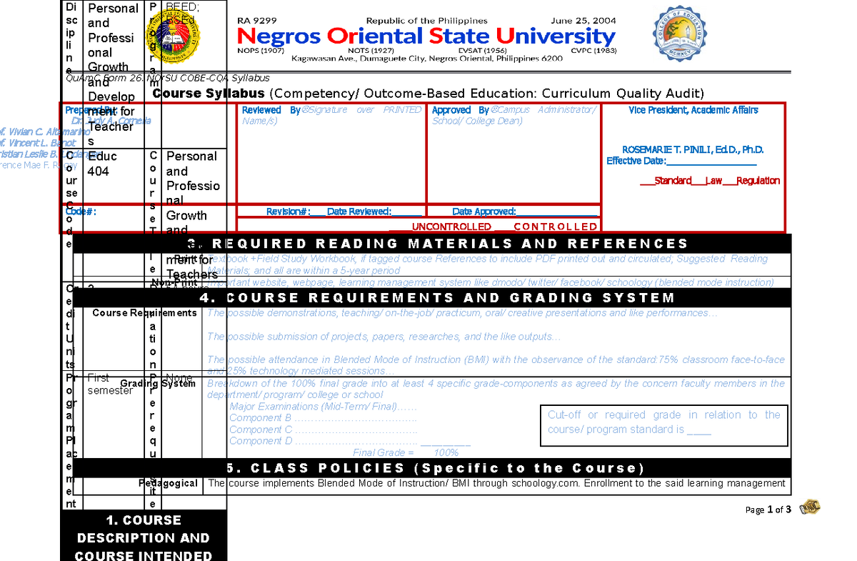 Personal and Professional Growth for Teachers Syllabus - QuAmC Form 26 ...