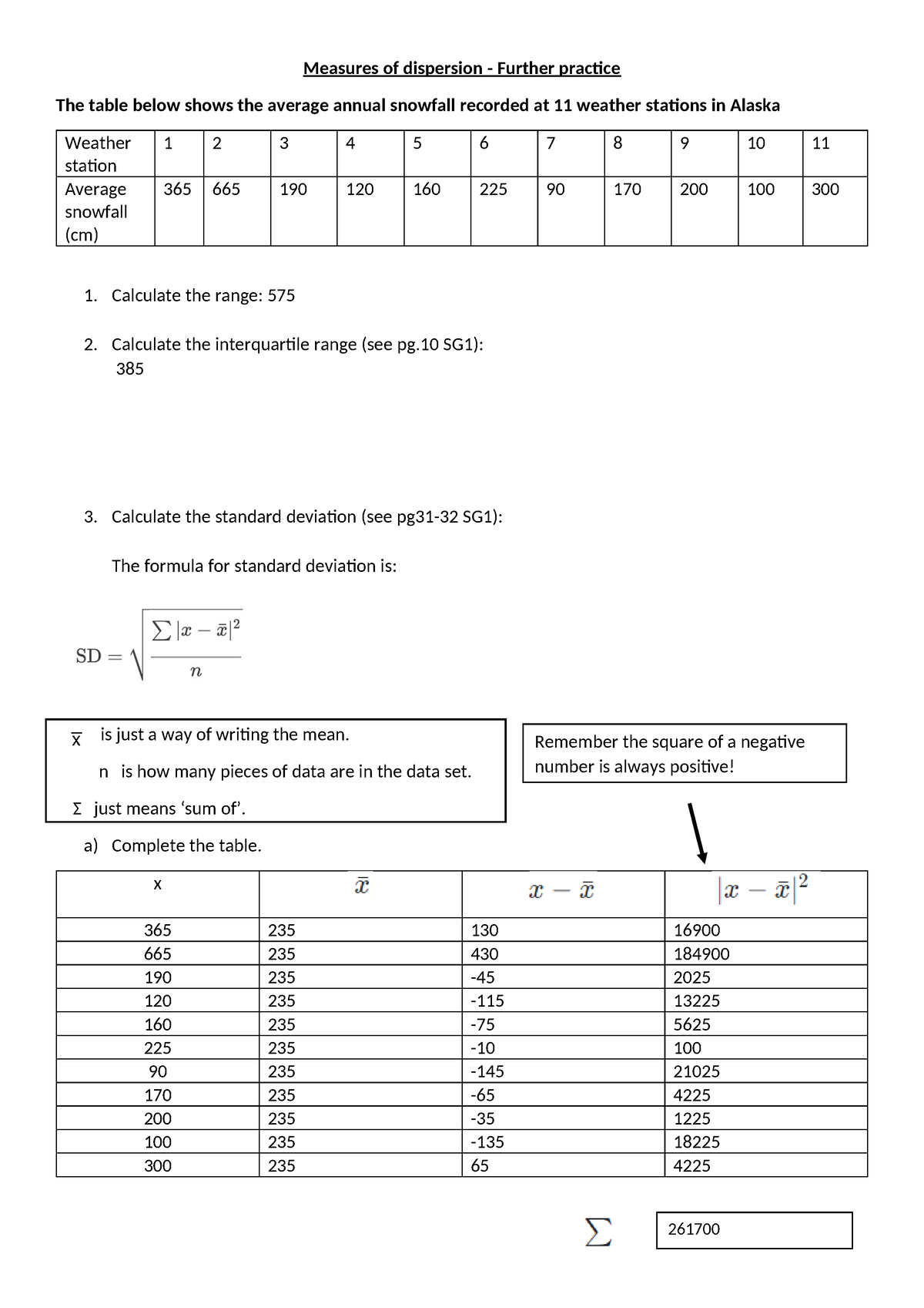 Extra IQR and SD practice - student handout 2024 - Measures of ...