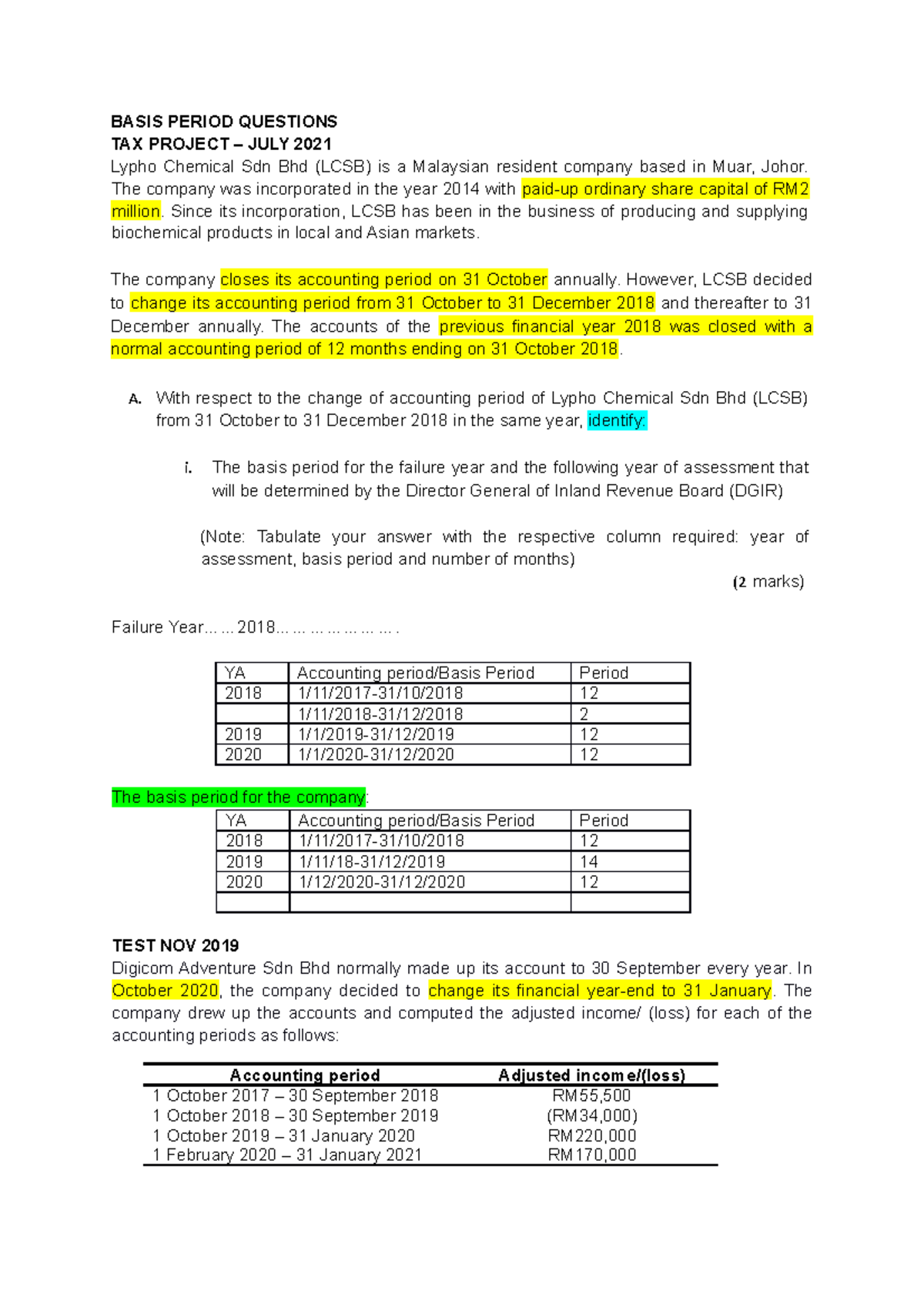 Basis Period & SAS Questions - BASIS PERIOD QUESTIONS TAX PROJECT ...