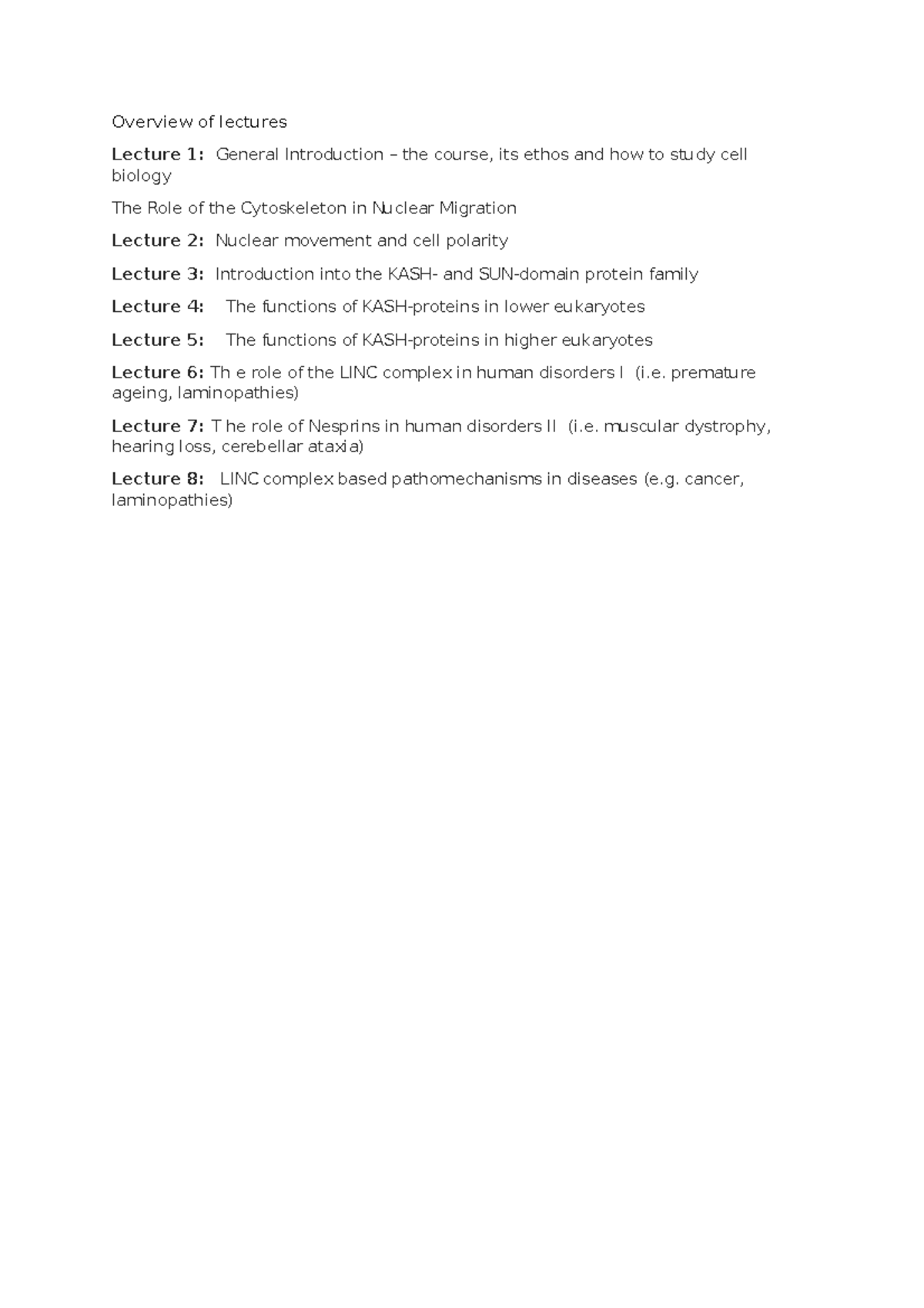 Overview of lectures - BIOL3481 - DUR - Studocu