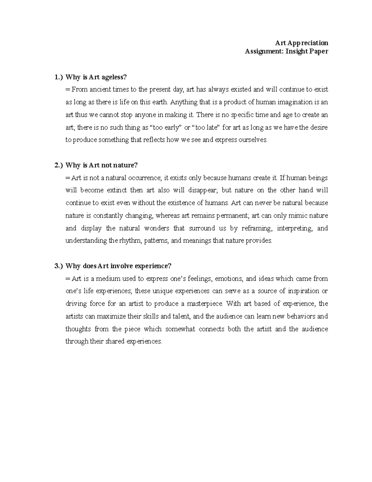 Art Appreciation Assignment1 Art Appreciation Assignment Insight