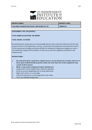 [Solved] Design an formal assessment for Grade 7 Mathematics on the ...
