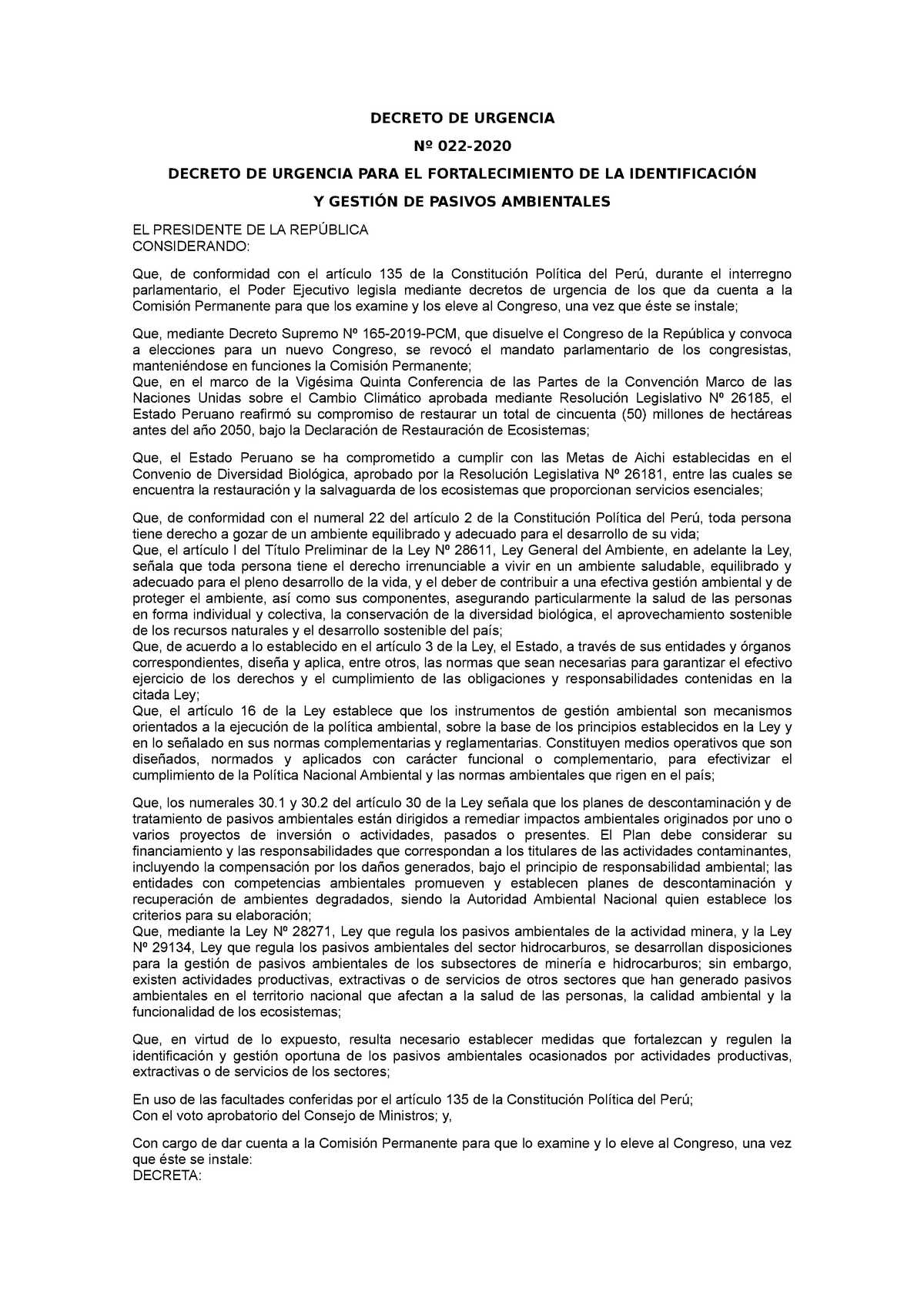 Decreto DE Urgencia - DECRETO DE URGENCIA Nº 022- DECRETO DE URGENCIA ...