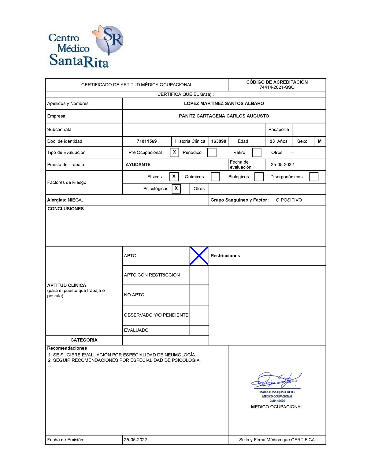 Aptitud Medica Lopez Martinez Santos Albaro Certificado De Aptitud MÉdica Ocupacional CÓdigo 9595