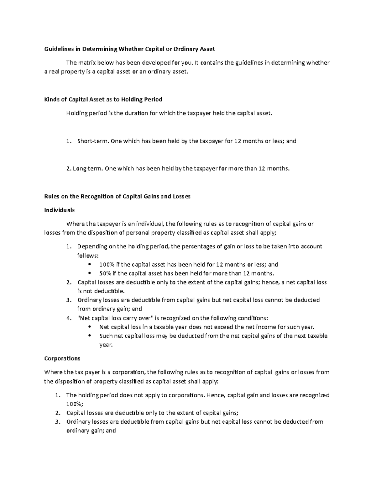 Guidelines in Determining Whether Capital or Ordinary Asset - It ...