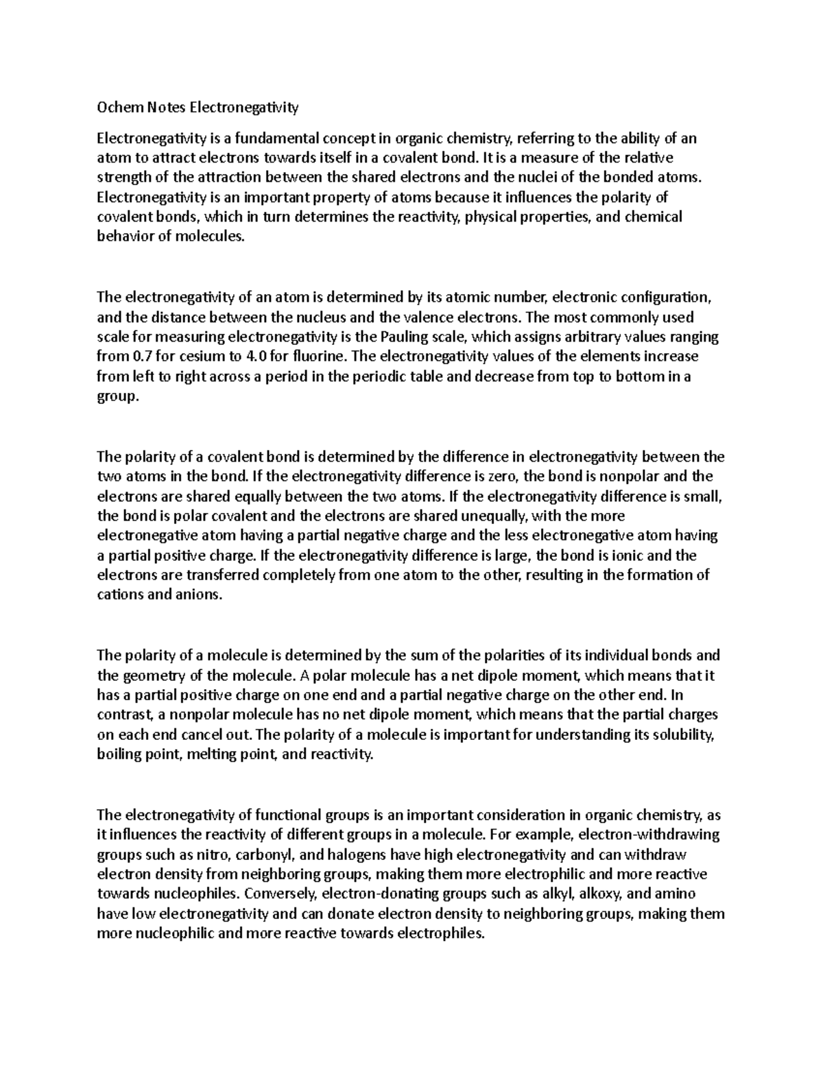 Ochem Notes Electronegativity - Ochem Notes Electronegativity ...