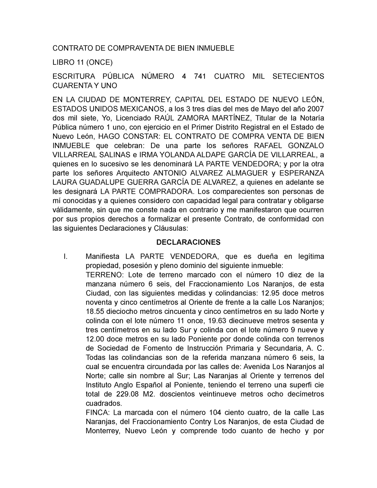 Contrato de Compraventa de Bien Inmueble - CONTRATO DE COMPRAVENTA DE BIEN  INMUEBLE LIBRO 11 (ONCE) - Studocu