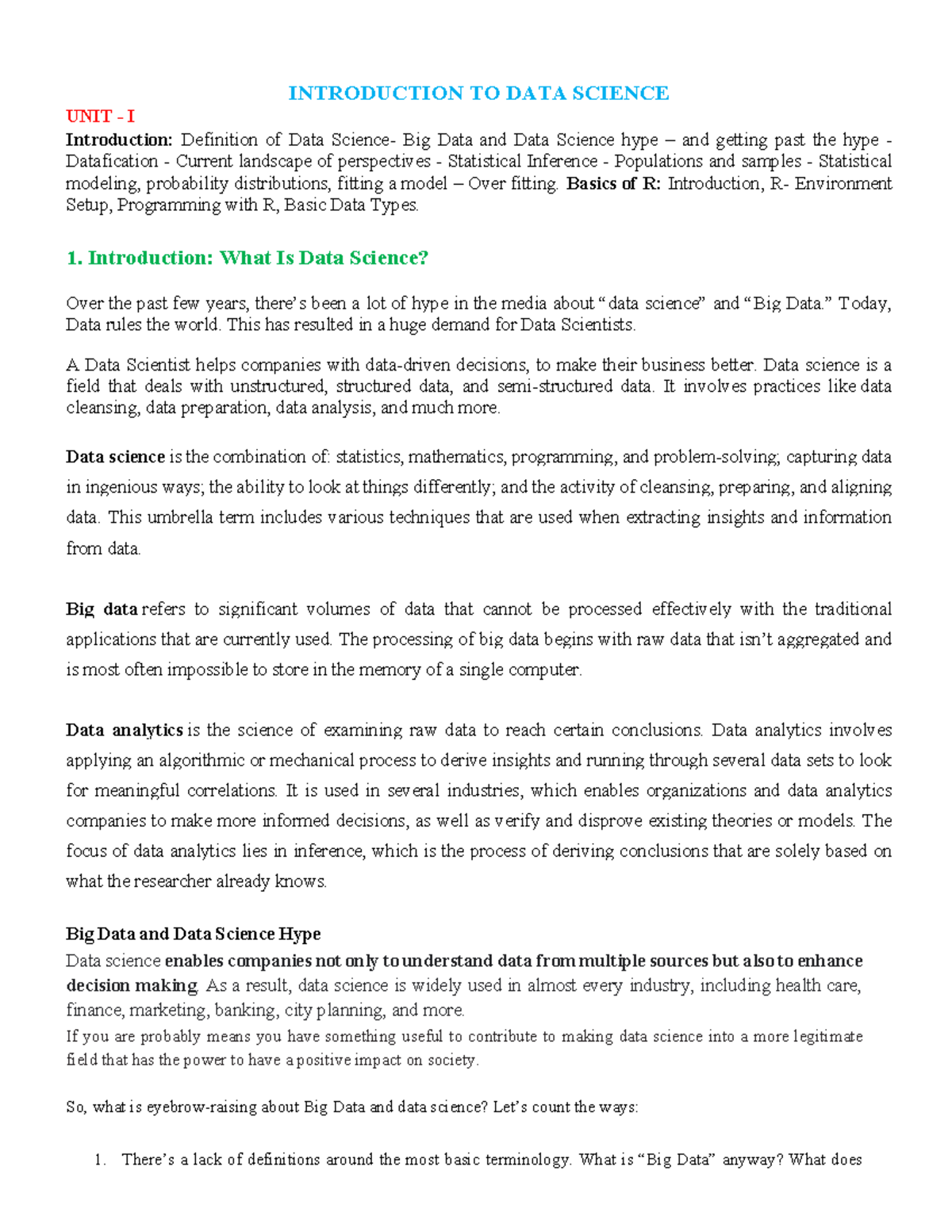 IDS UNIT-I Notes - INTRODUCTION TO DATA SCIENCE UNIT - I Introduction ...