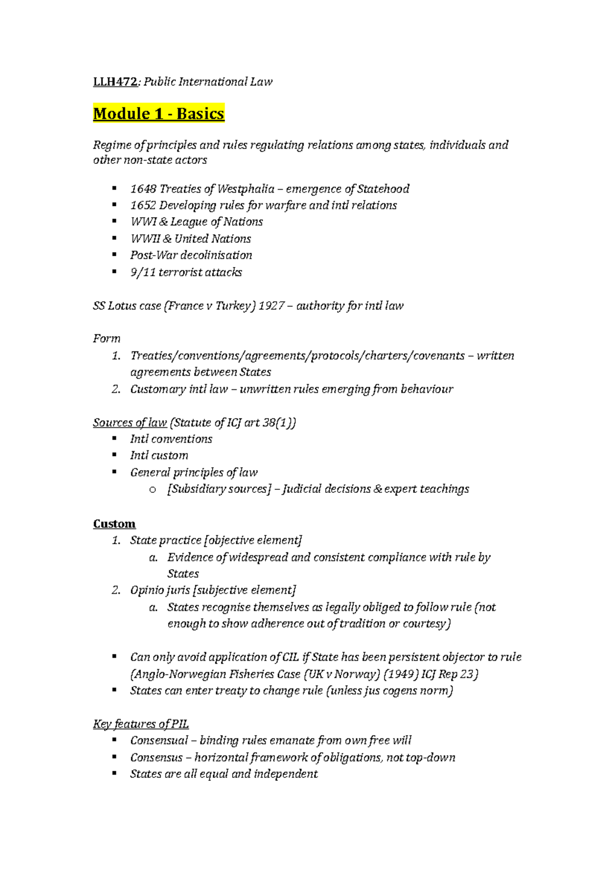 Notes - basics - Summary Public International Law - LLH472: Public ...