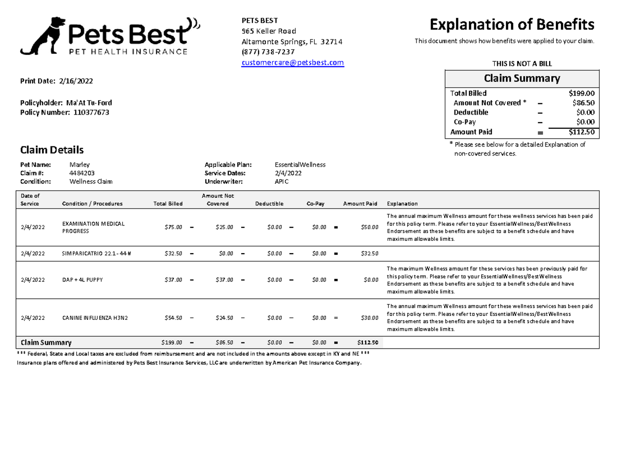 Pets Best Explanation of benefits PETS BEST 965 Keller Road Altamonte