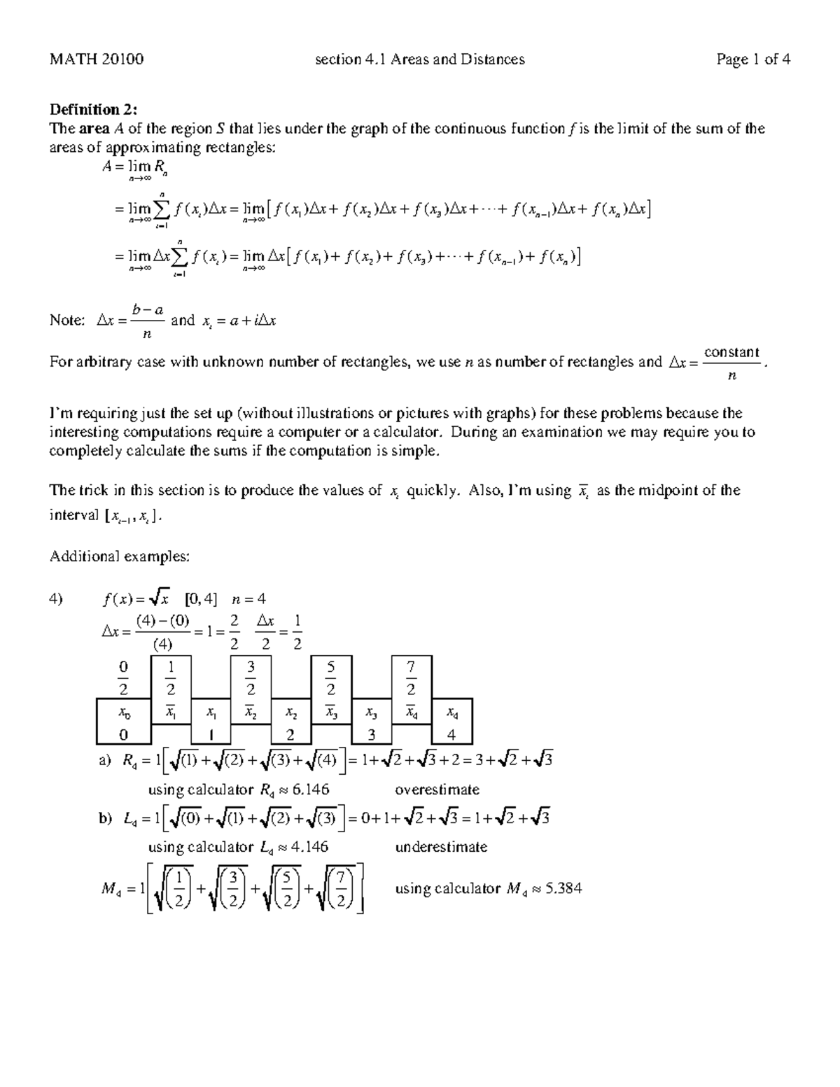 Ch4sec1-examples - Examples and Summary - MATH 20100 section 4 Areas ...