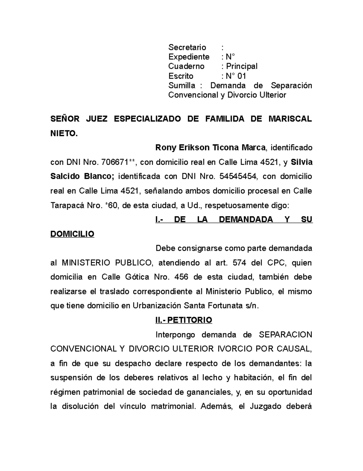 Demanda De Separación Convencional Y Divorcio Ulterior Secretario