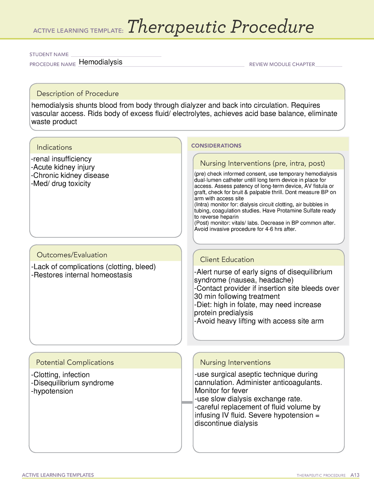 Template Therapeutic Procedure Hemodialysis ACTIVE LEARNING TEMPLATES