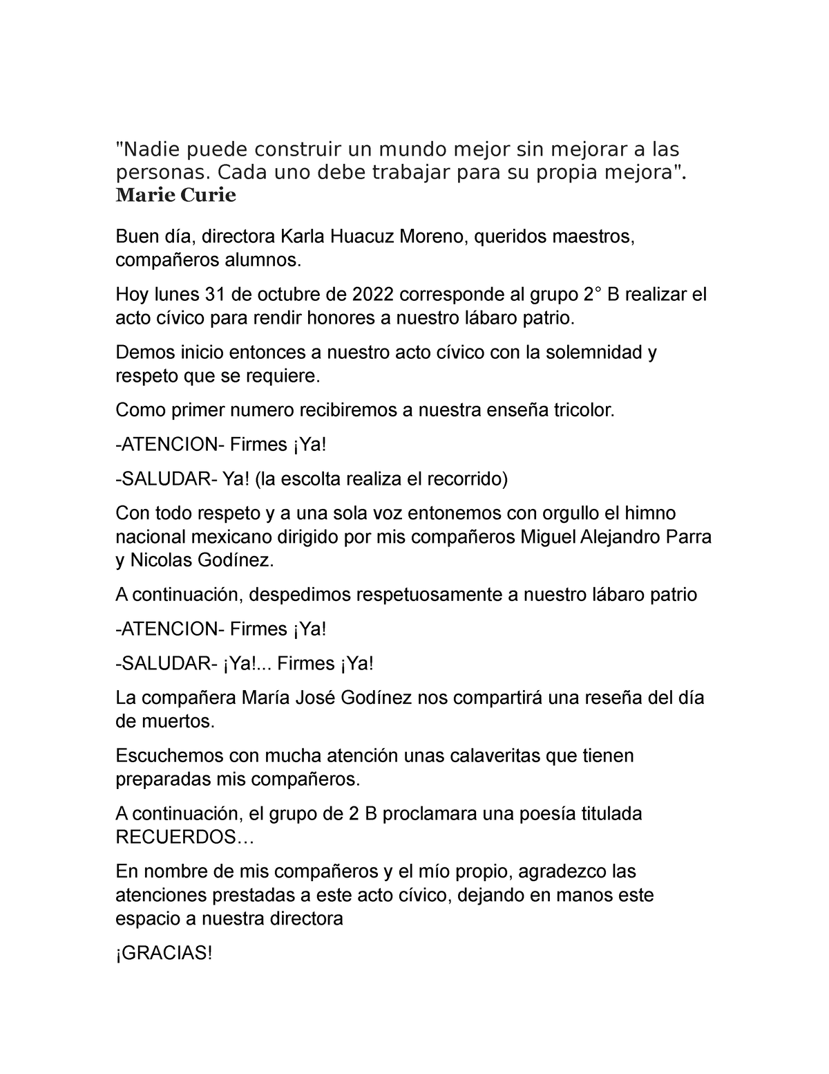 Acto Civico Formato Nadie Puede Construir Un Mundo Mejor Sin Mejorar A Las Personas Cada 2525