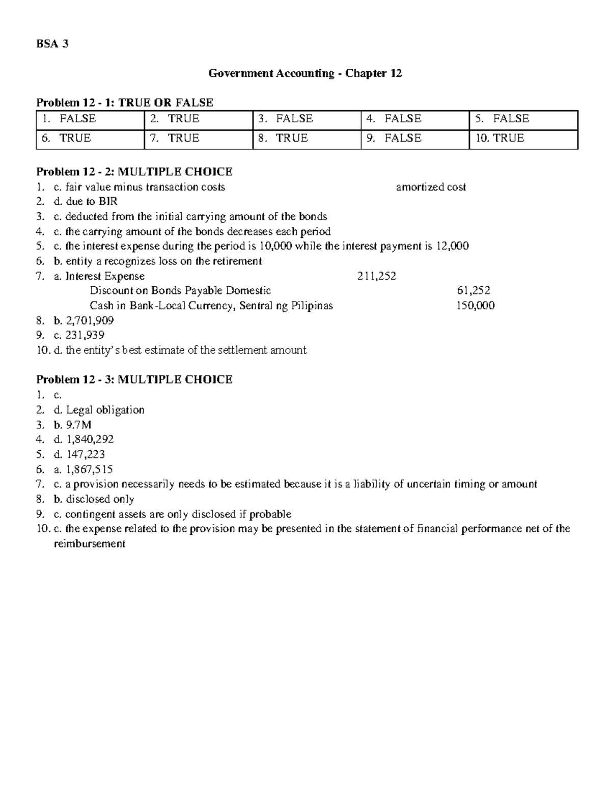 Answer Key For Chapter 12 - BSA 3 Government Accounting - Chapter 12 ...