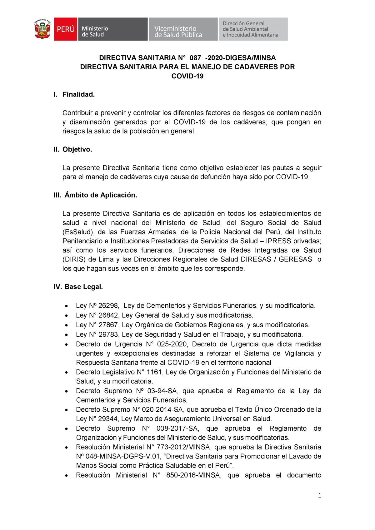 Directiva Sanitaria 087-2020- Digesa- Minsa PARA EL Manejo DE Cadaveres ...