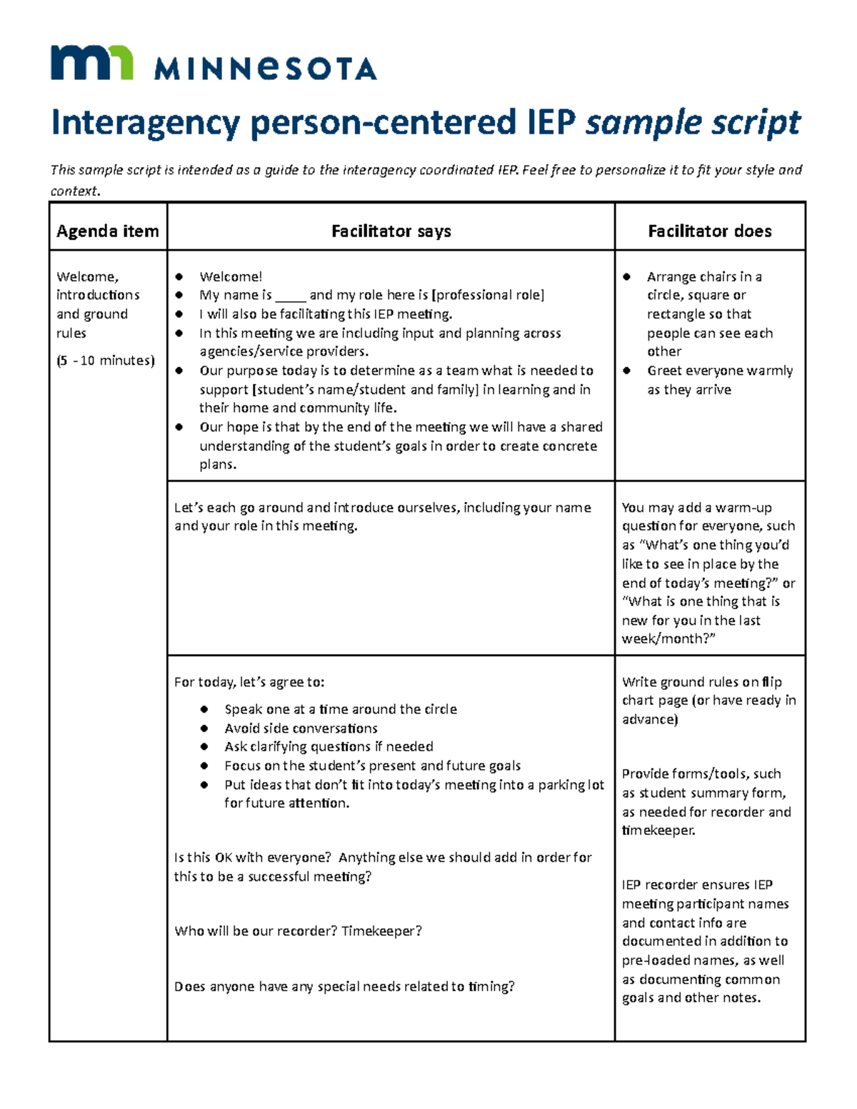 IEP agenda script handout Interagency personcentered IEP sample