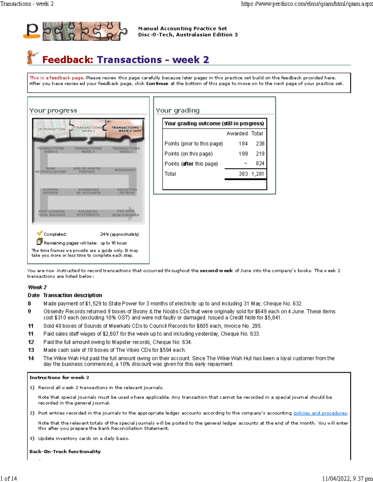 Transactions - week 2 - Perdisco assignment - Your progress Completed ...
