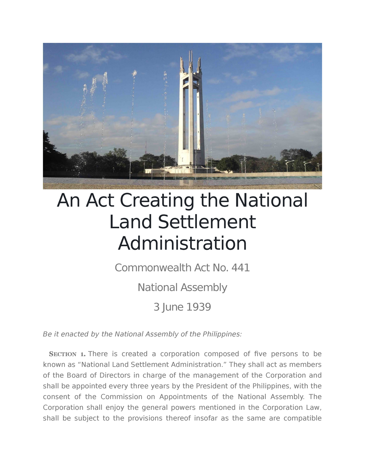 Commonwealth Act No. 441 An Act Creating the National Land Settlement