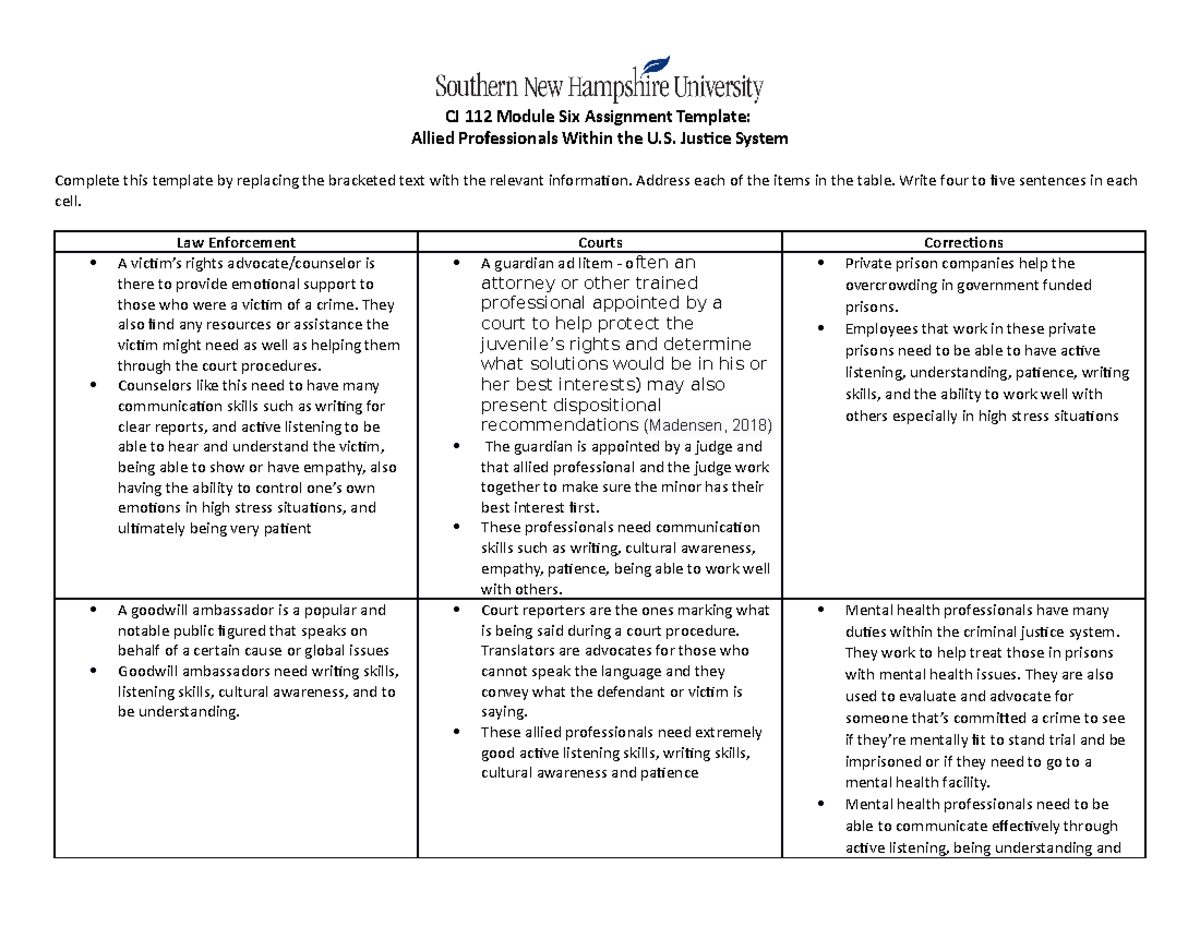 Cj 112 Allied Professionals Kelhi - Cj 112 Module Six Assignment Template: Allied  Professionals - Studocu