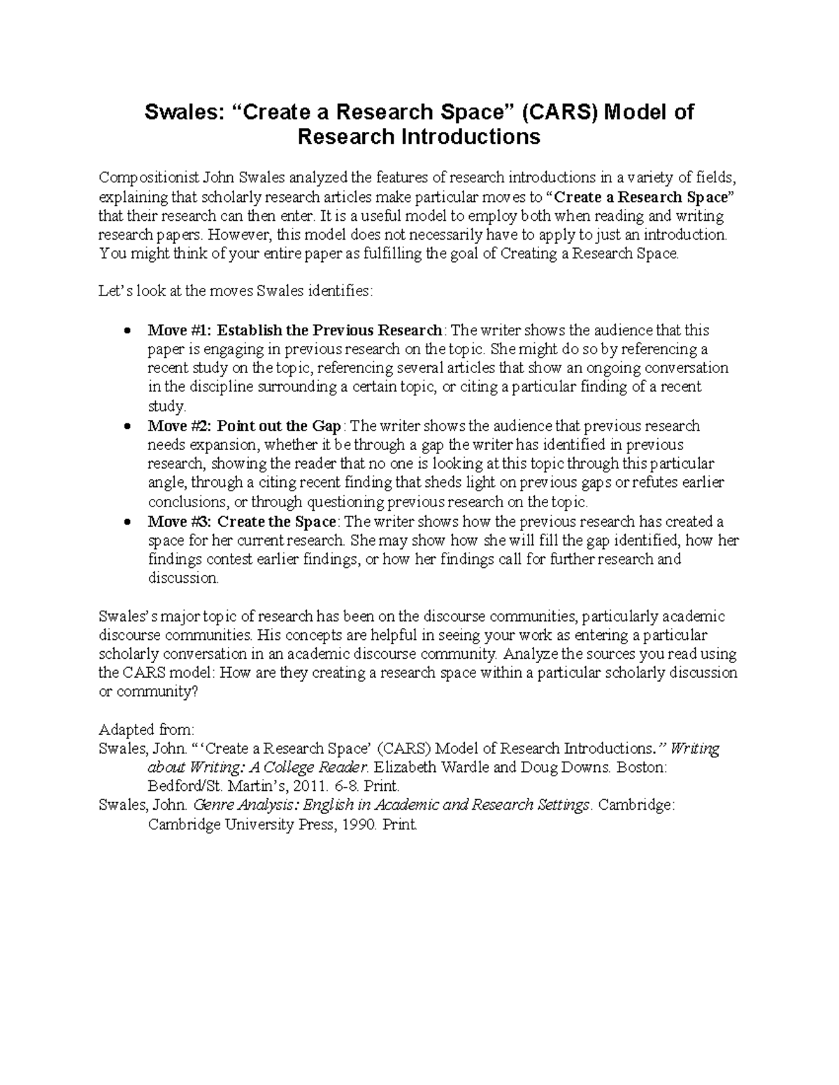 Swales CARS Model How to research. Swales “Create a Research Space