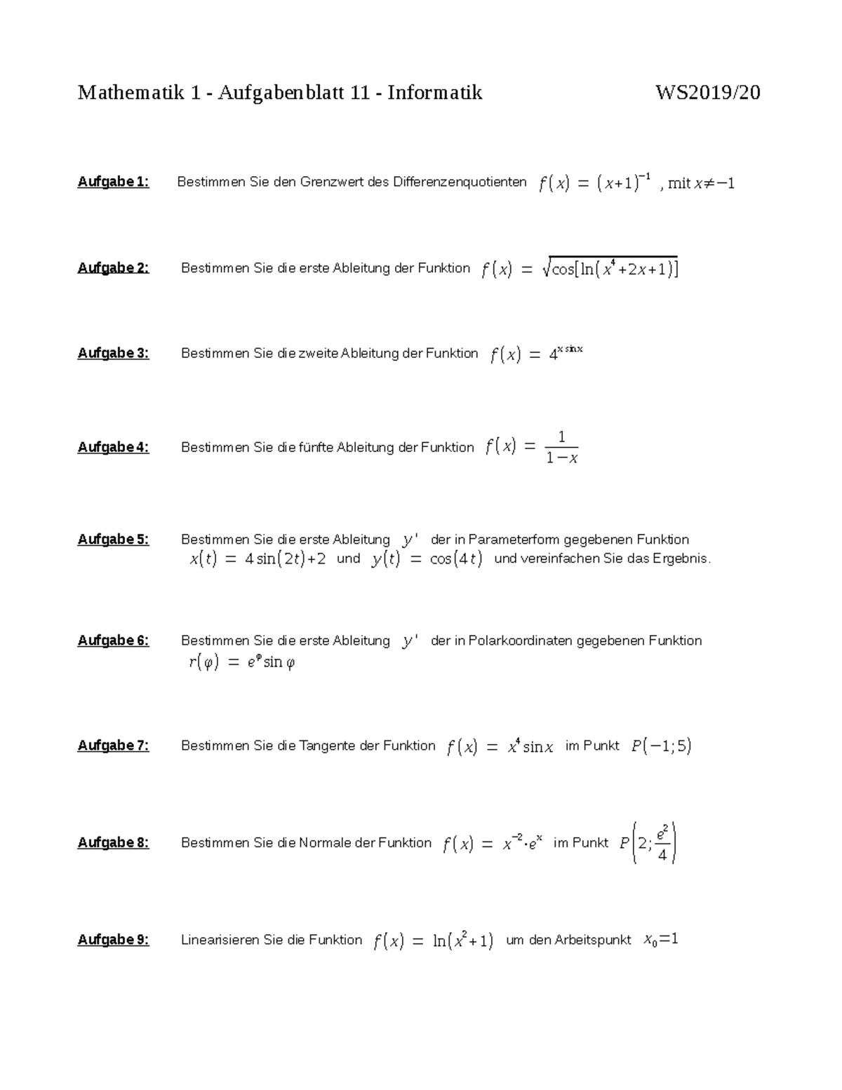 Mathe 1-Aufgabenblatt 11 WS2019 - Mathematik 1 - Aufgabenblatt 11 ...