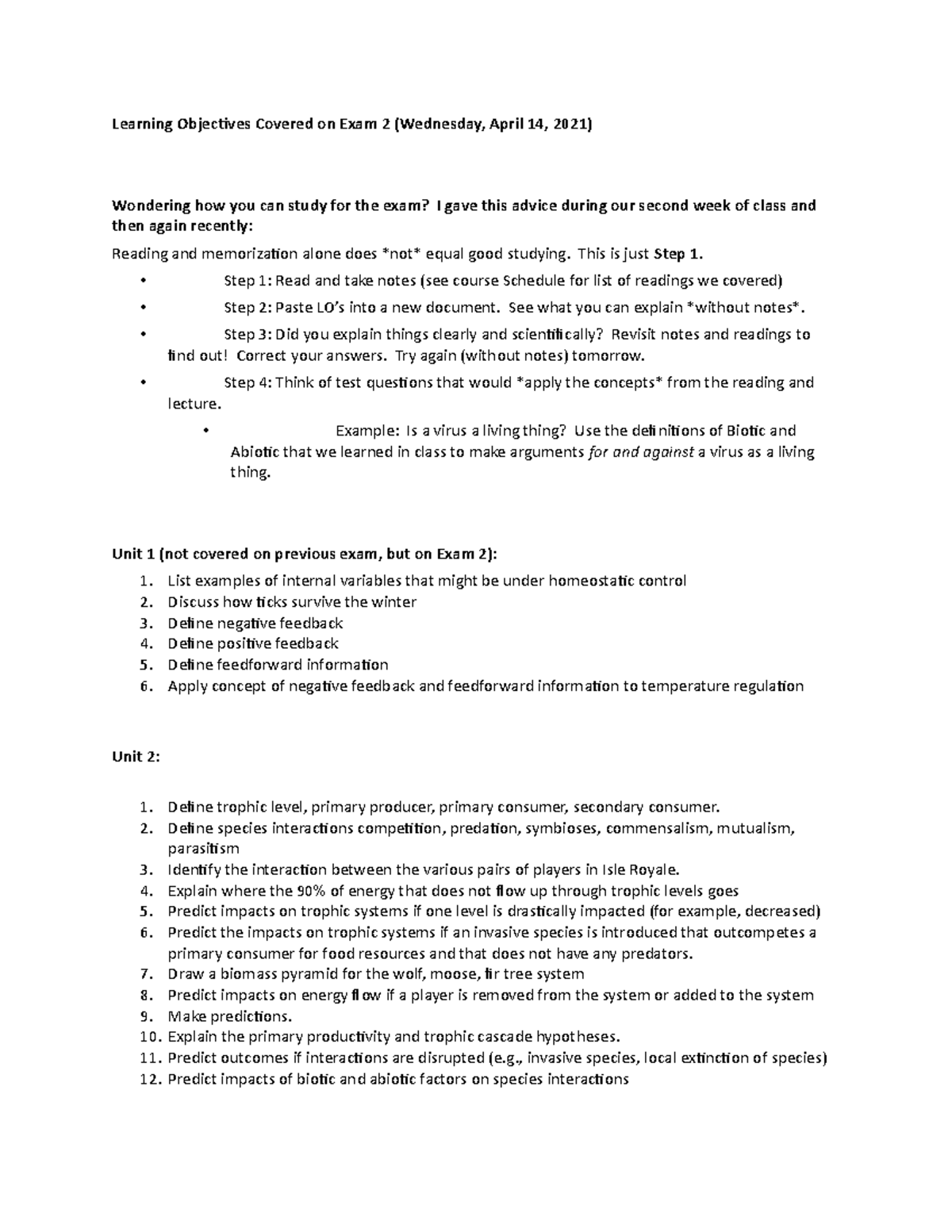 Learning Objectives List - Exam 2 - Learning Objectives Covered on Exam ...